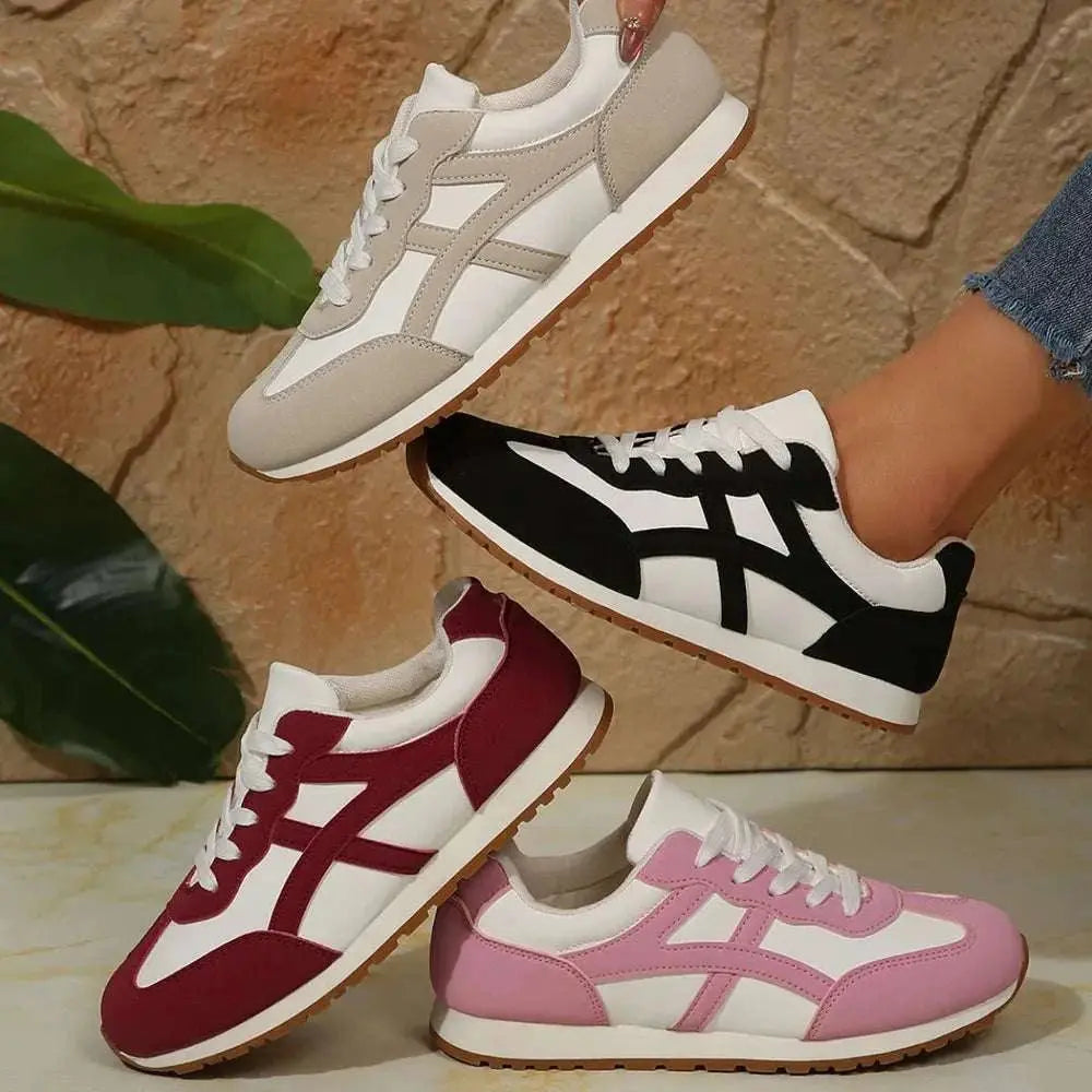 PU leather contrast lace-up sneakers with round toe design in various colors.