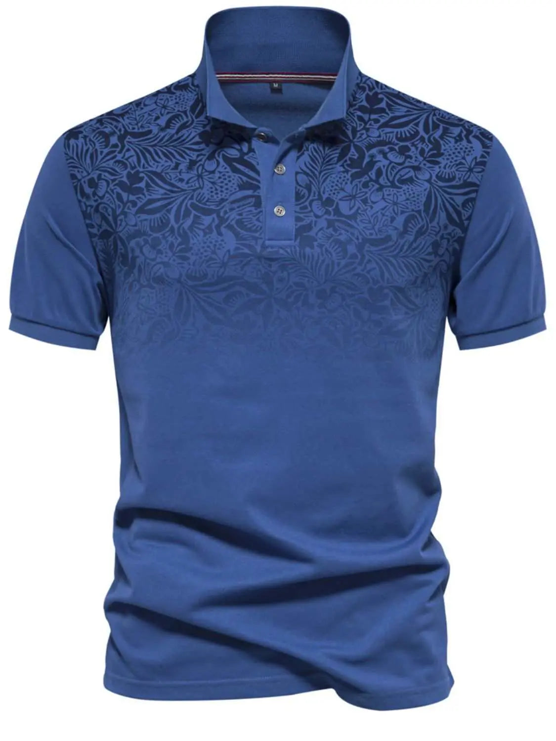 Men's printed collared neck short sleeve polo in blue with floral design.