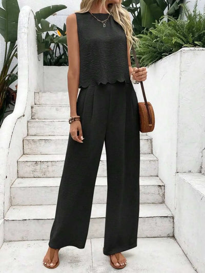 Tie back round neck top and pants set with bow feature, no-stretch polyester-spandex fabric.