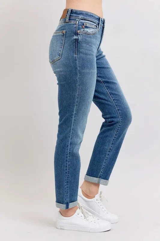 Judy Blue mid rise skinny cuff jeans with pockets, plus size.