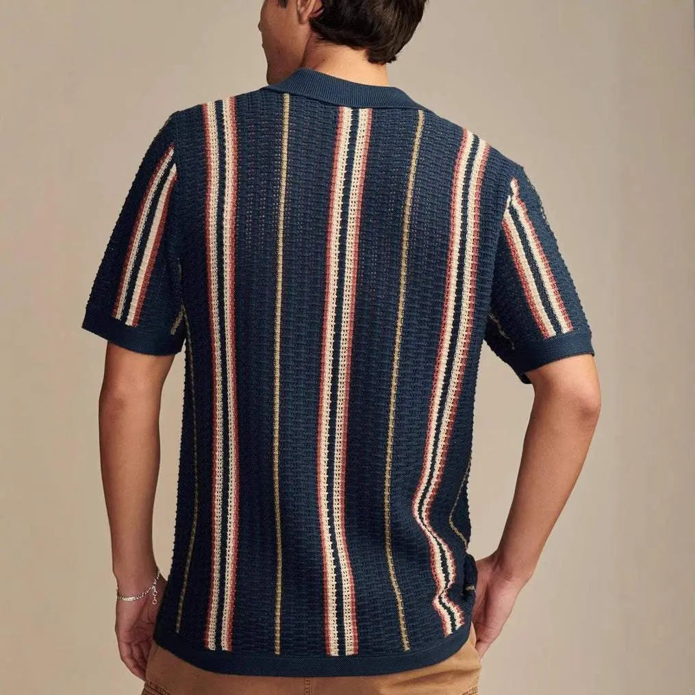 Men's plus size striped short sleeve shirt with collared neck, 100% viscose.