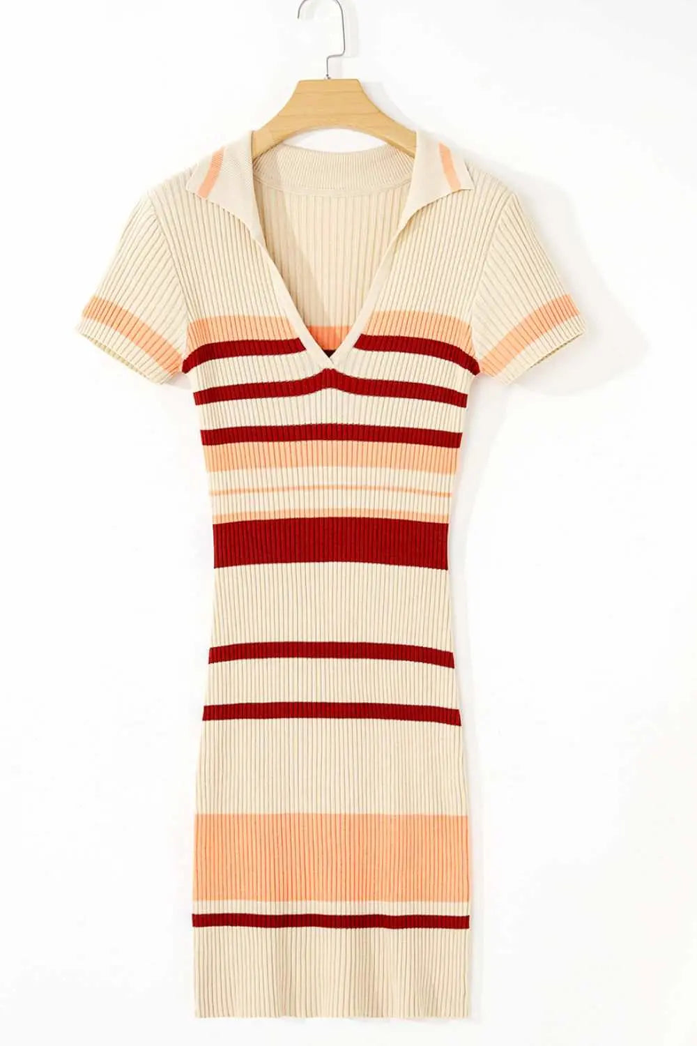 Contrast striped Johnny collar short sleeve mini dress with basic style, slightly stretchy viscose and polyamide blend.
