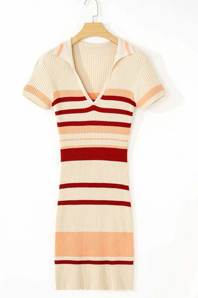 Contrast striped Johnny collar short sleeve mini dress with basic style, slightly stretchy viscose and polyamide blend.