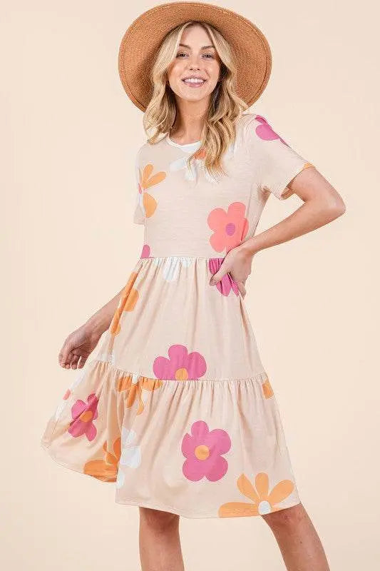 BOMBOM Floral Round Neck Tiered Dress for Women - Short Sleeve Summer Fashion