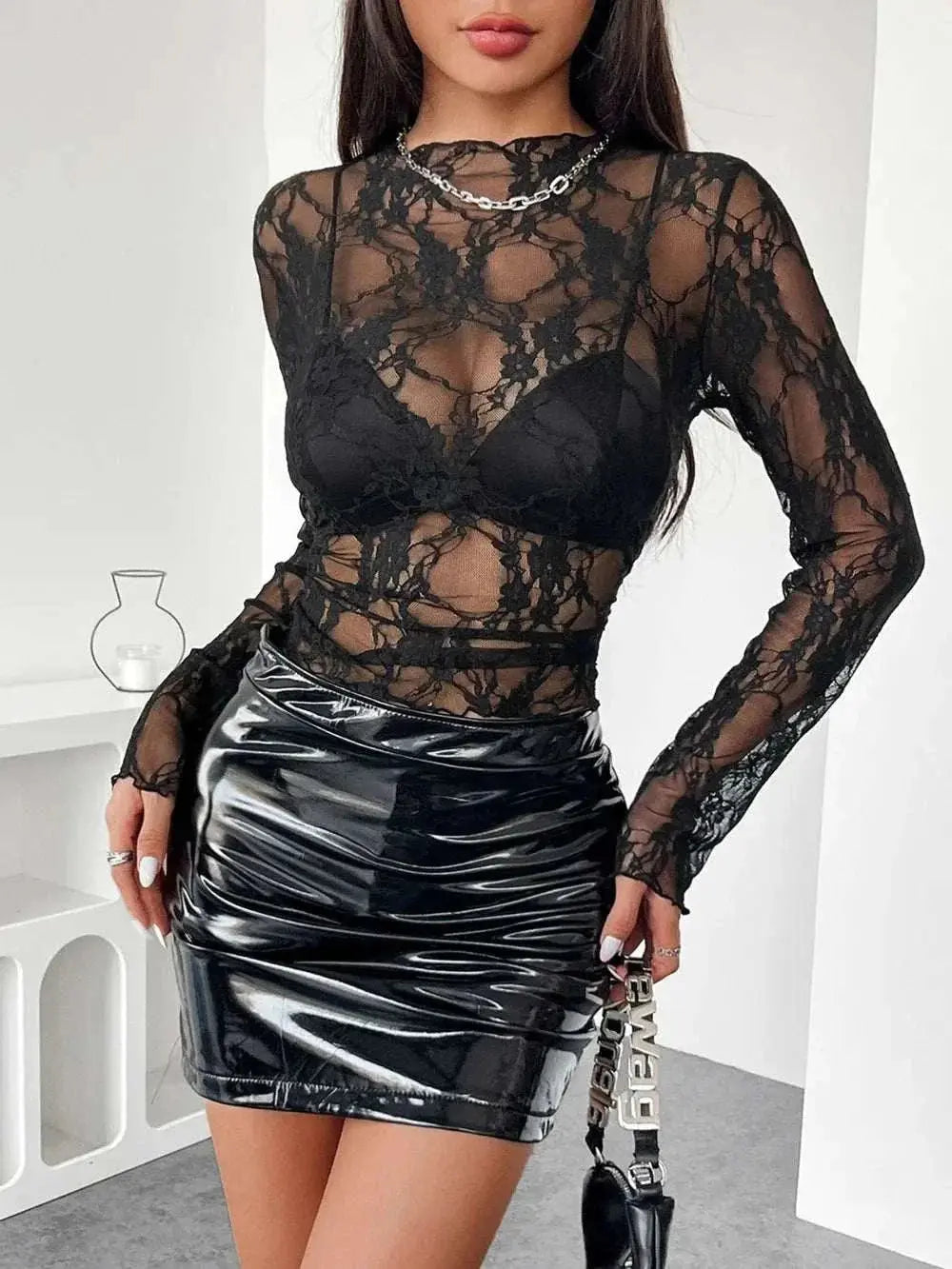 Mock Neck Long Sleeve Sheer Lace Top in Black with Slight Stretch