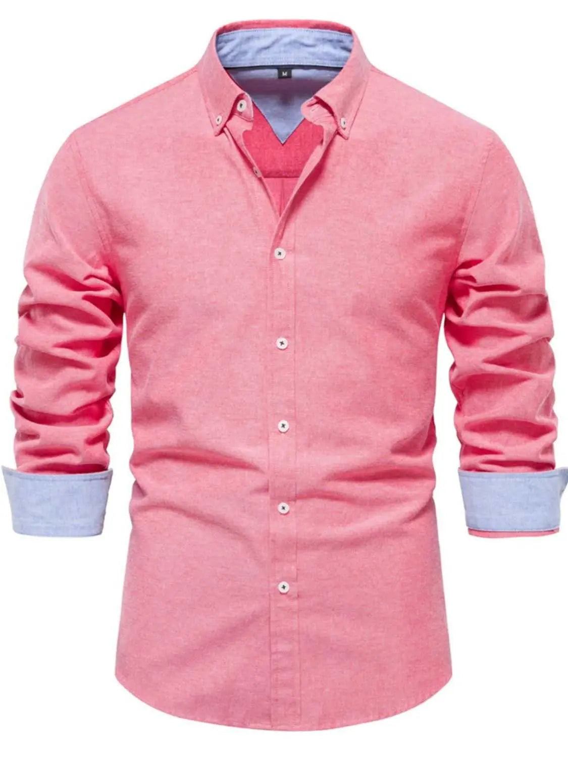 Men's button-down collared neck shirt in pink with rolled sleeves, featuring a pocket and slightly stretchy cotton-polyester blend.