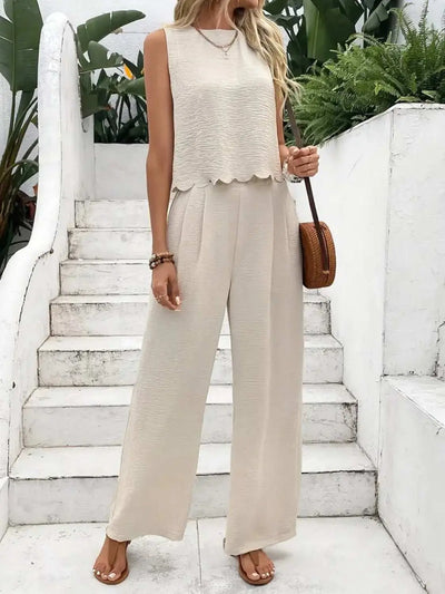 Tie Back Round Neck Top and Pants Set in beige, two-piece with bow detail.