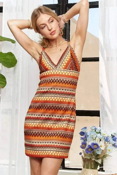Contrast Striped V-Neck Mini Dress with bold stripes and flattering silhouette.