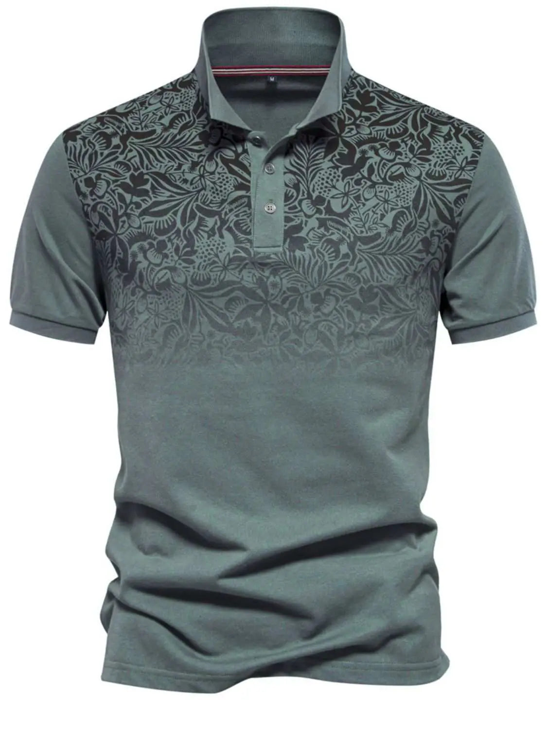 Men's printed collared neck short sleeve polo shirt in green, featuring a basic style with slight stretch.