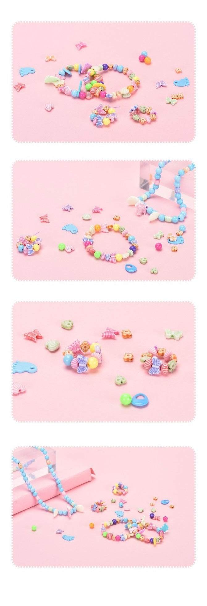 DIY Handmade Gift Box for Kids; Bead-Making Toy Set with colorful beads and jewelry designs on a pink background.
