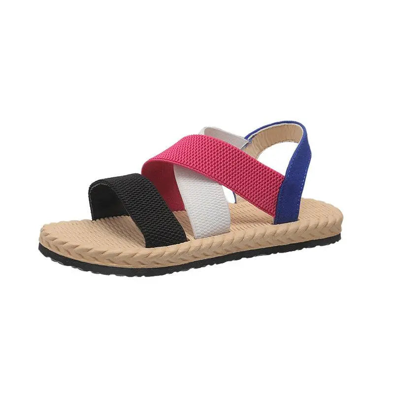 Colorful open toe flats sandals with rubber sole and polyester straps.