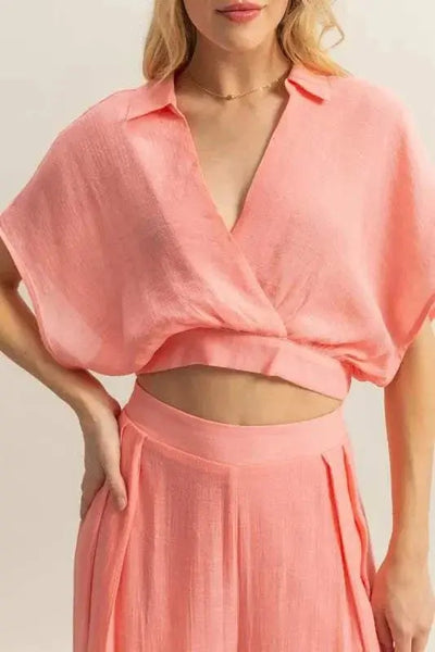 Kimono Sleeve Crop Top and Wide Leg Pants Set in pink, featuring elegant kimono sleeves and chic wide-leg pants.