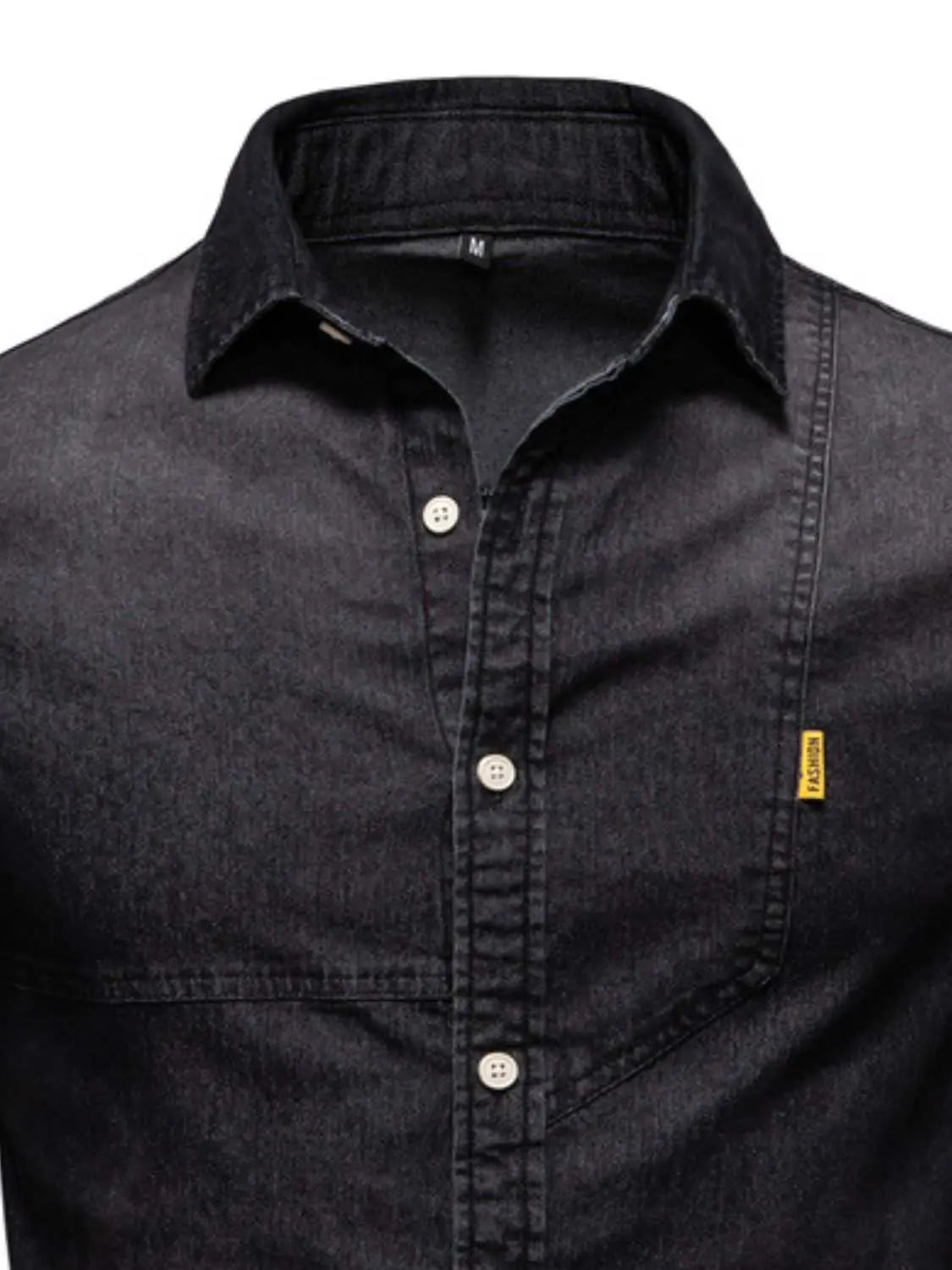 Men's button down collared denim shirt with basic style and slightly stretchy fabric.