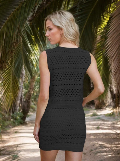 Top and Skirt Set: Openwork V-Neck, Knit Cover Up in a tropical setting.