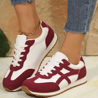 Contrast Lace Up Round Toe Sneakers in burgundy and white with PU leather and rubber material.