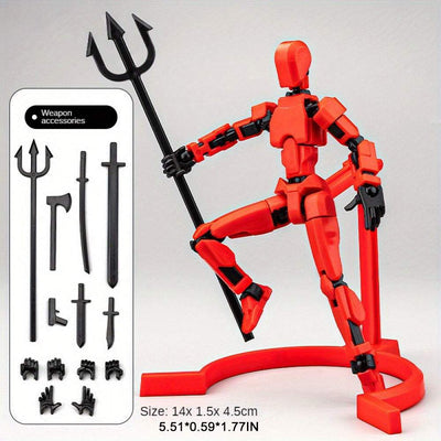 3D printed assembled puppet toy with flexible joints and red color sitting on display stand.