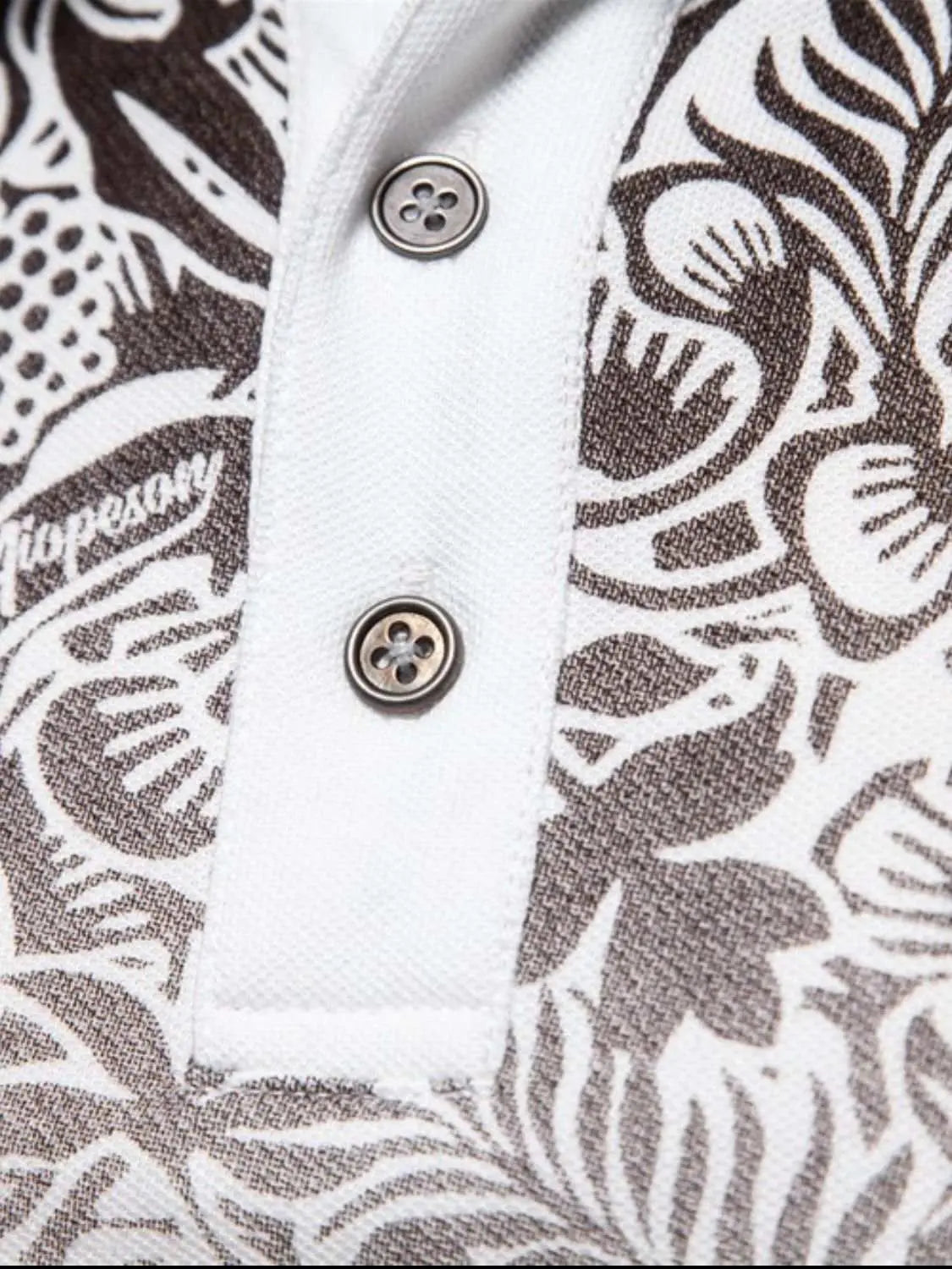 Men's printed collared neck polo with brown and white abstract design.