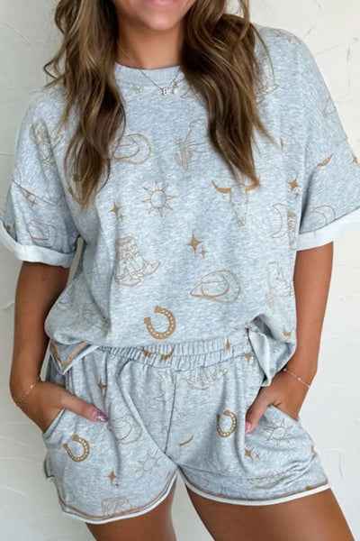 Printed T-shirt and shorts set with graphic pattern, featuring a basic style and elastic waist.