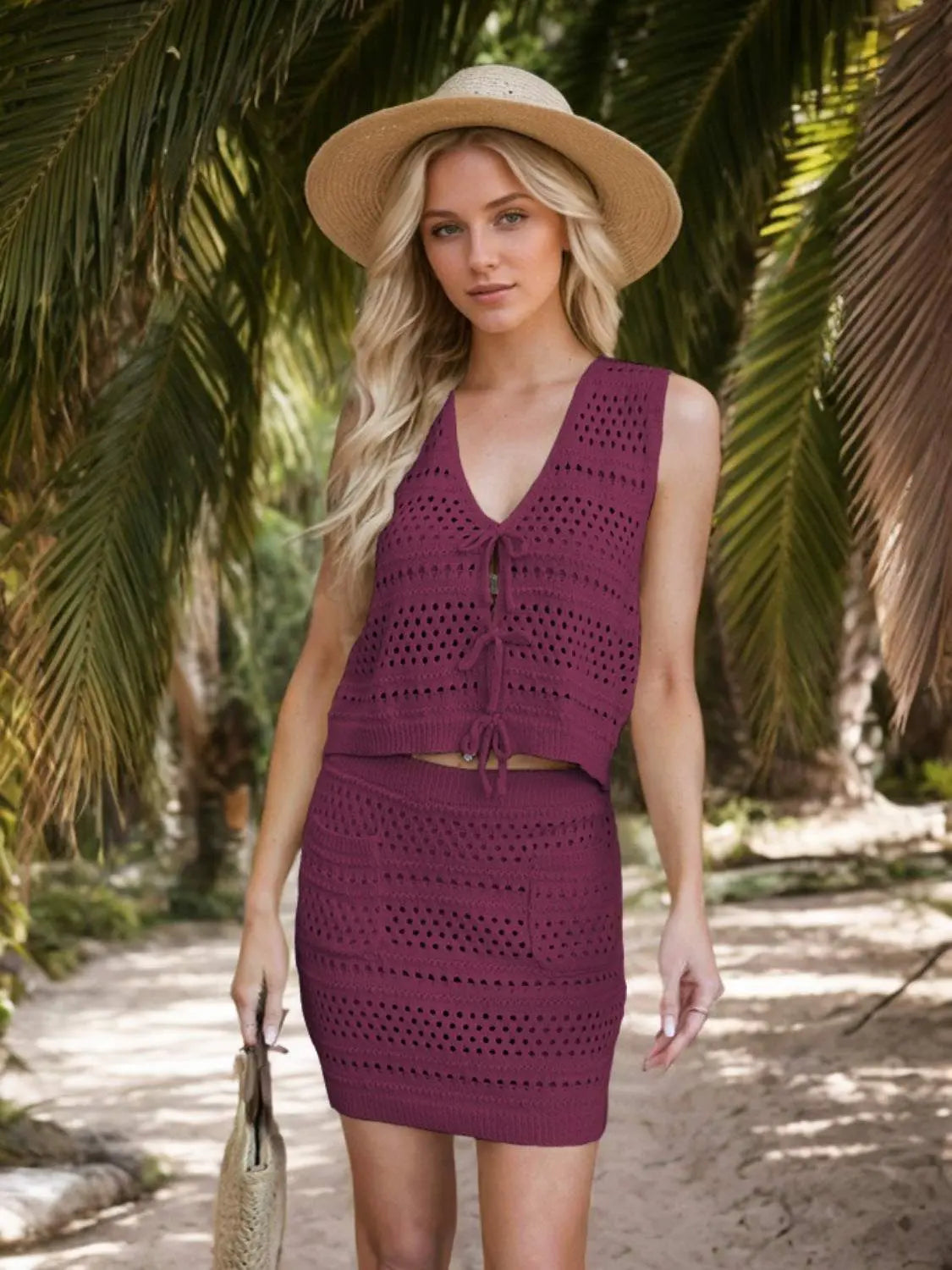 Top and Skirt Set: Openwork V-Neck, Knit Cover Up, two-piece, tied, pocketed, moderate stretch, in viscose material.
