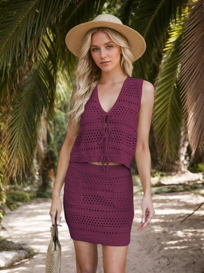 Top and Skirt Set: Openwork V-Neck, Knit Cover Up, two-piece, tied, pocketed, moderate stretch, in viscose material.