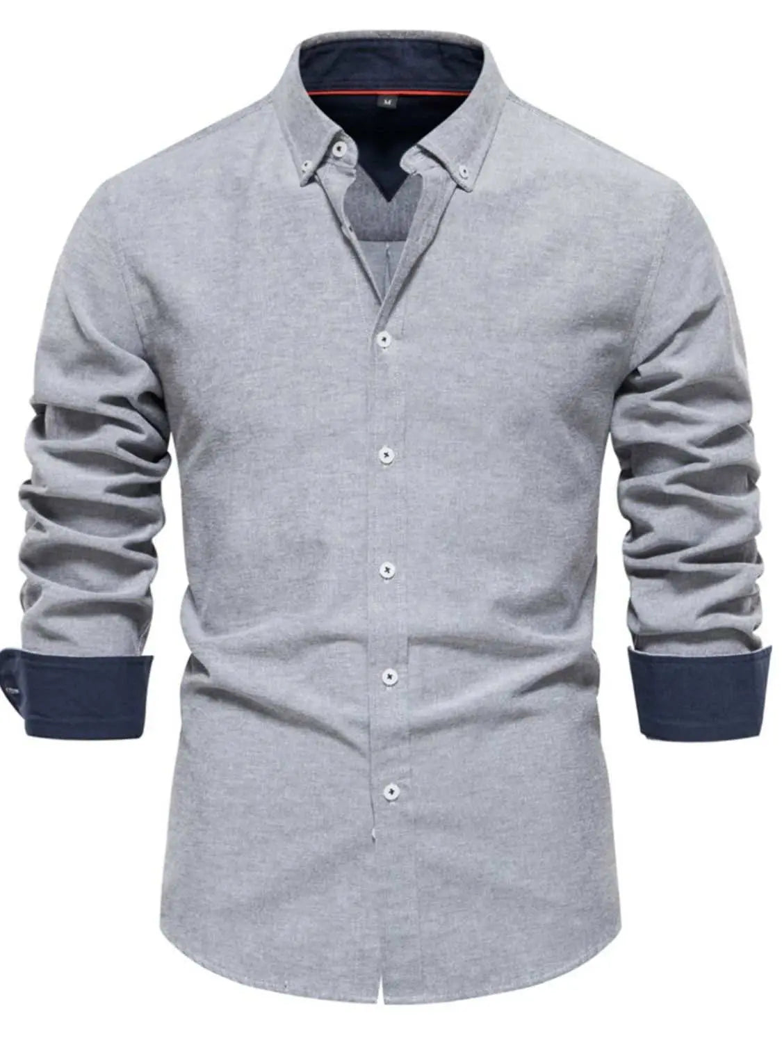 Men's button down collared neck shirt, slightly stretchy with pockets, in cotton-polyester blend.
