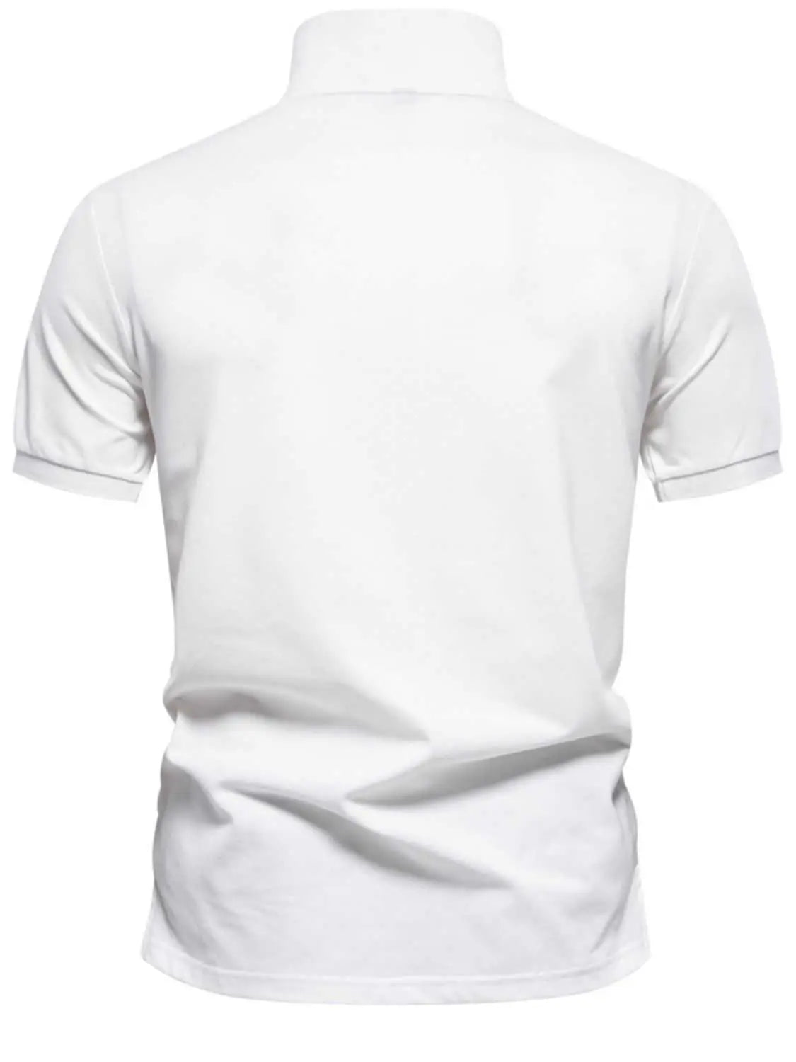 Men's printed white collared short sleeve polo shirt, basic style, slightly stretchy cotton-polyester blend.