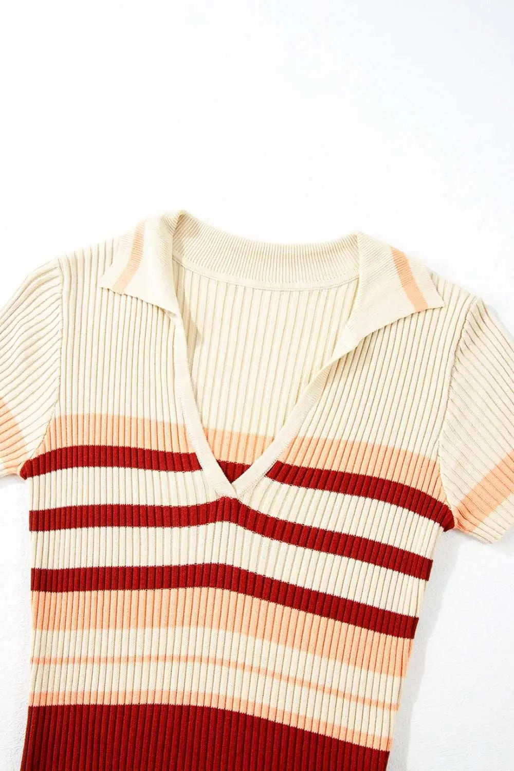 Contrast striped Johnny collar short sleeve mini dress with red and beige hues.