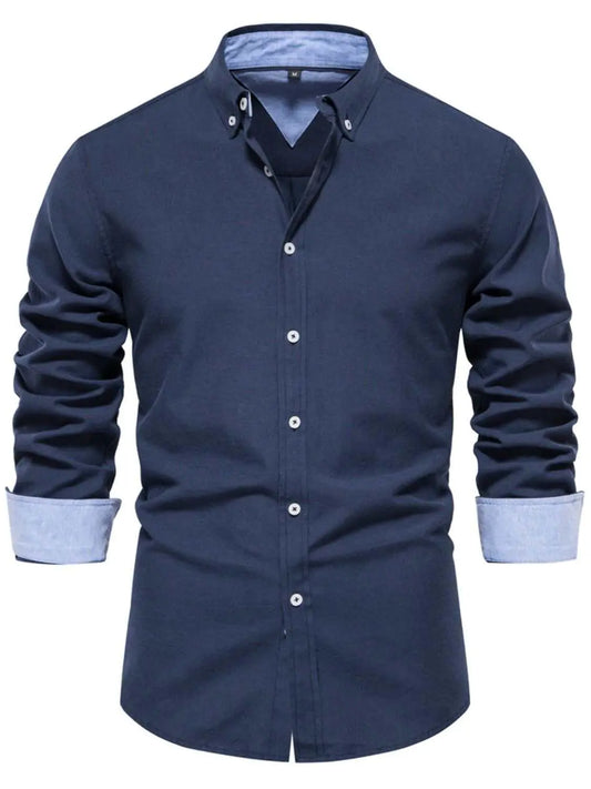 Men's button down collared neck shirt with pocket, slightly stretchy fabric, 70% cotton, 30% polyester.