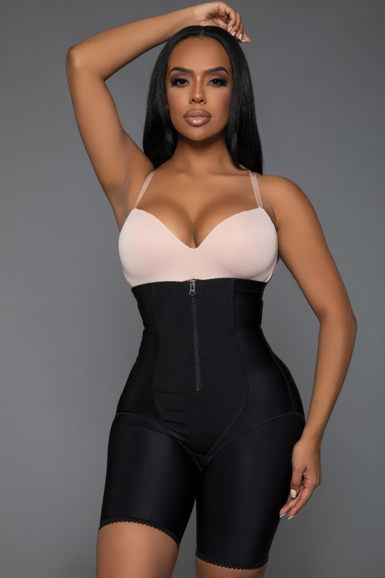Farther front view of Feeling My Curves Skims bodysuit dupe highlighting full torso shaping and zipper closure