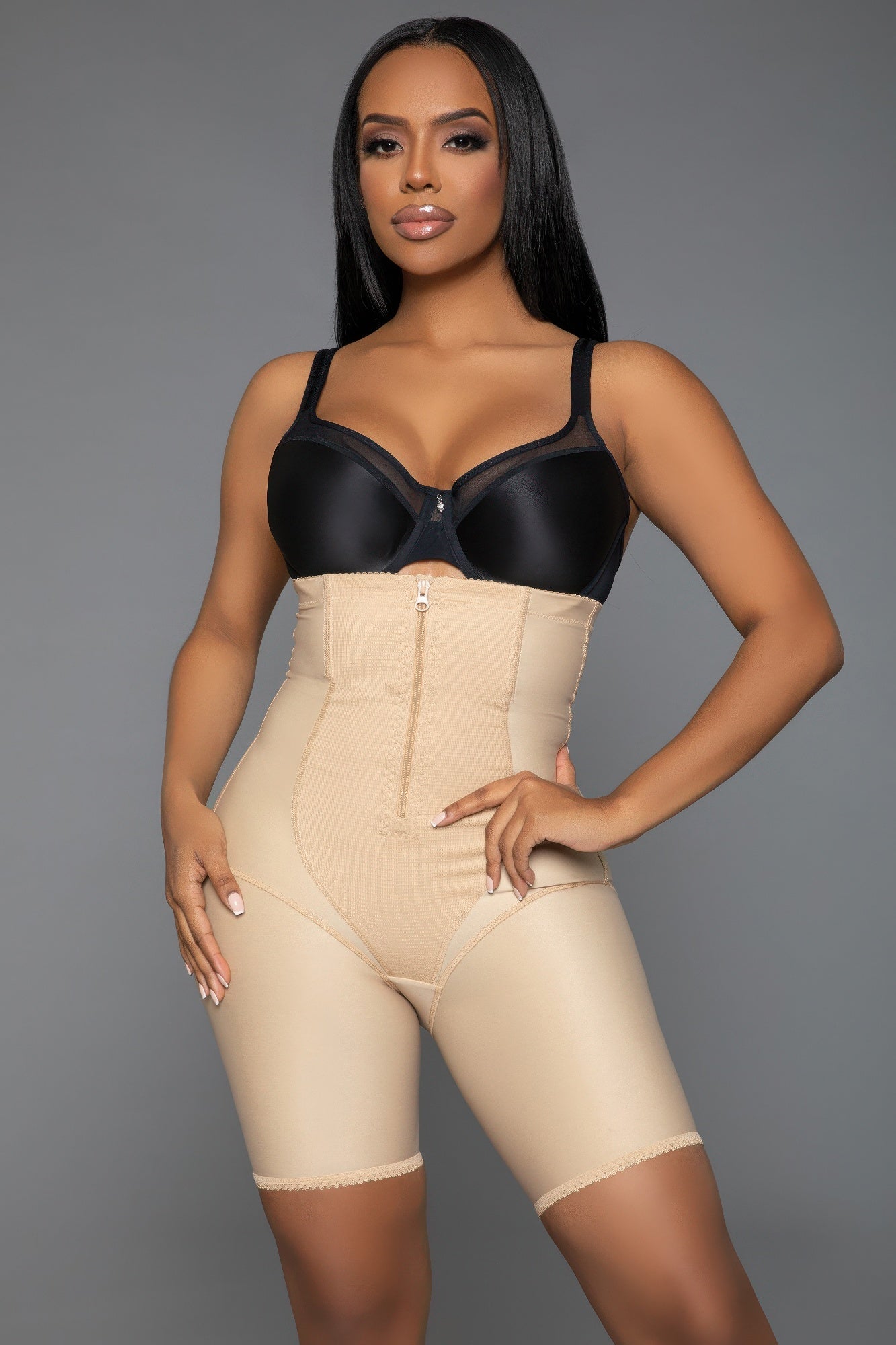 Larger front view of Feeling My Curves body shapewear bodysuit showing firm tummy control and seamless design