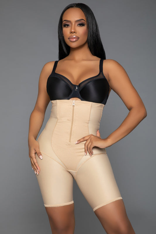 Larger front view of Feeling My Curves body shapewear bodysuit showing firm tummy control and seamless design