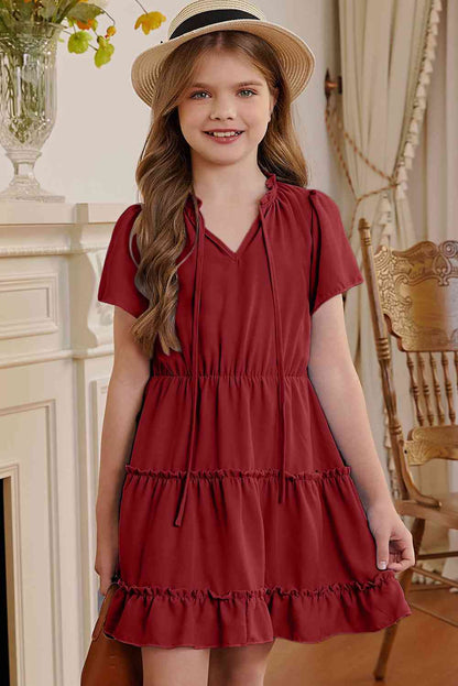 Neck Puff Sleeve Dress Frilled Notched for Girl