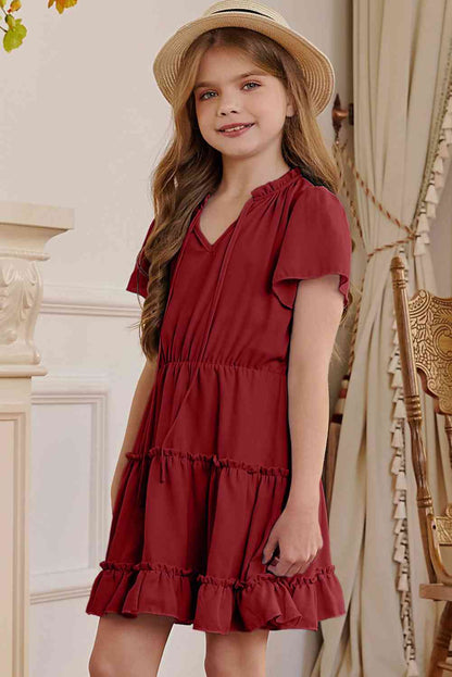 Neck Puff Sleeve Dress Frilled Notched for Girl