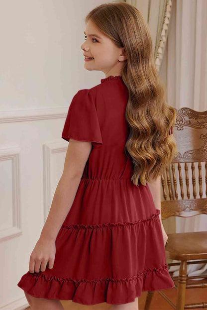 Neck Puff Sleeve Dress Frilled Notched for Girl