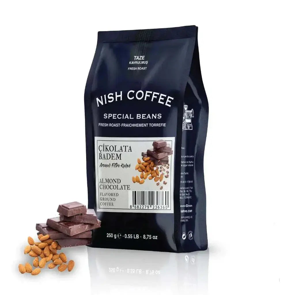 Nish Chocolate Almond Flavored Filter Coffee 250g package with chocolate and almond visuals.