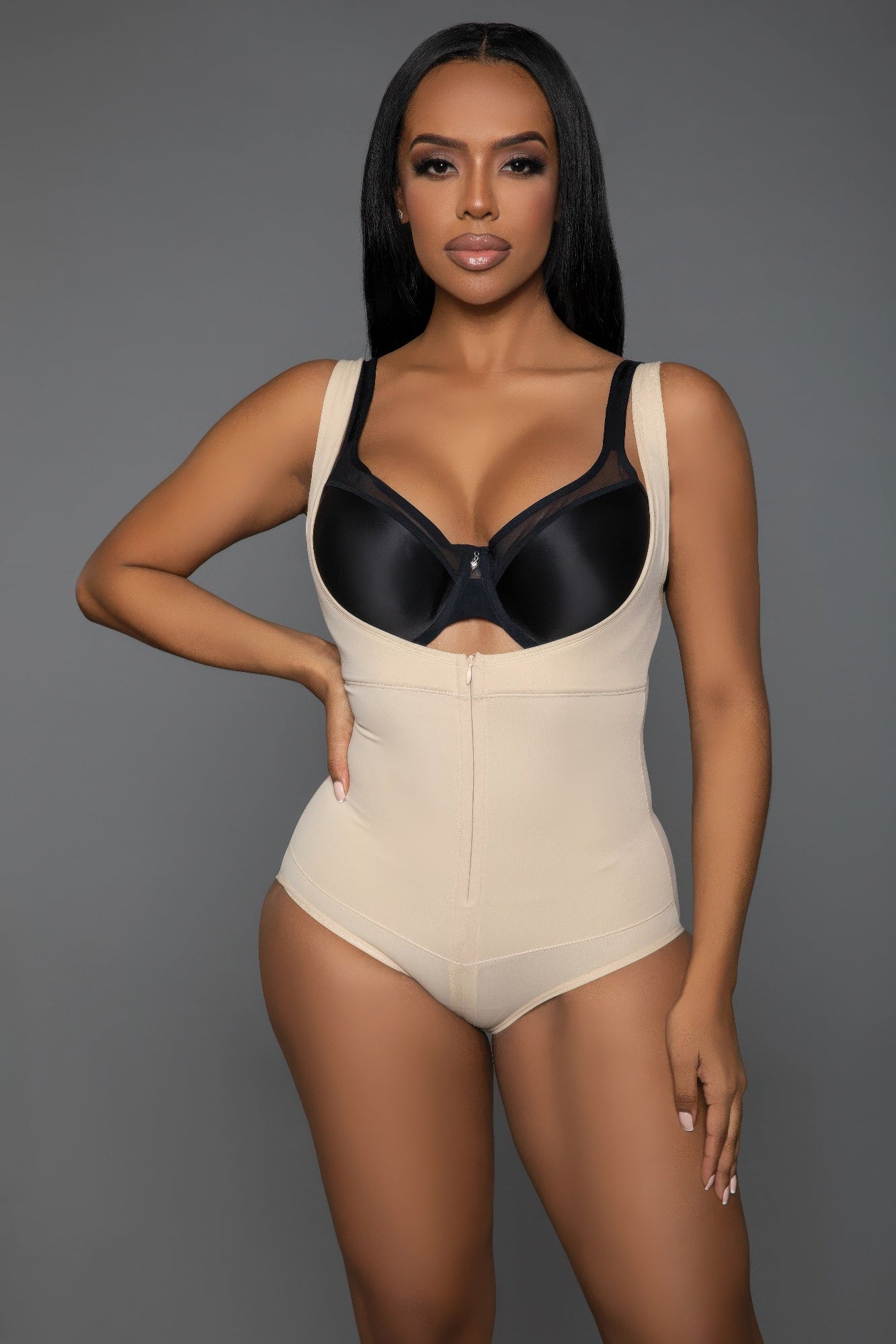 Farther front view of Keep It Tight shapewear bodysuit highlighting lifting technology and adjustable straps