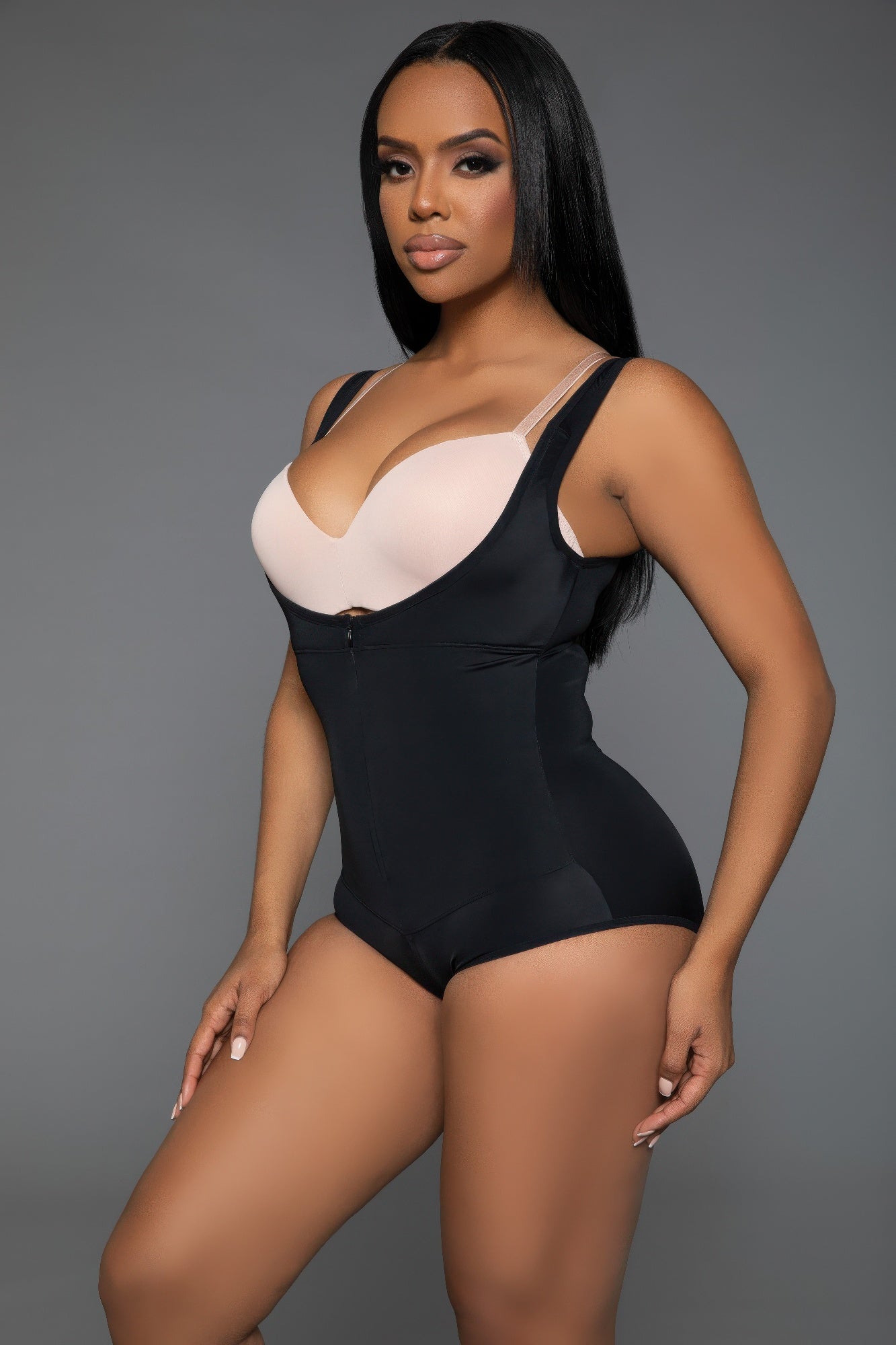Side view of shapewear bodysuits illustrating curve-enhancing fit and lightweight fabric