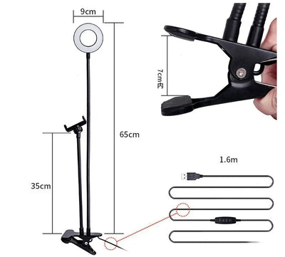 LED Selfie Ring Light with adjustable height and USB clamp stand.