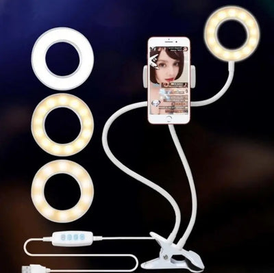 LED Selfie Ring Light with adjustable stand and phone holder, featuring 3 light modes.