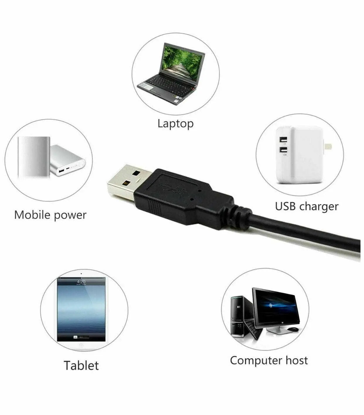 LED Selfie Ring Light with USB compatibility for mobile power, laptops, tablets, USB chargers, and computer hosts.