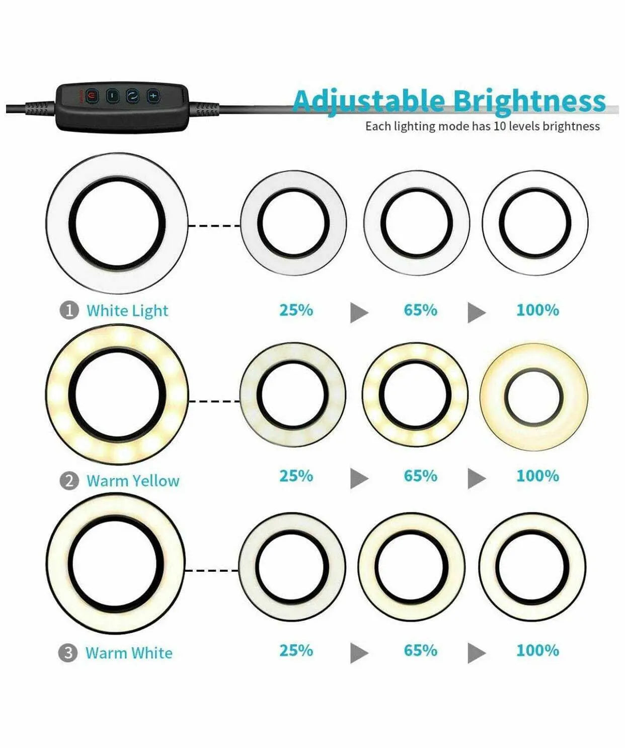LED Selfie Ring Light with adjustable brightness and phone holder for live streaming and makeup.