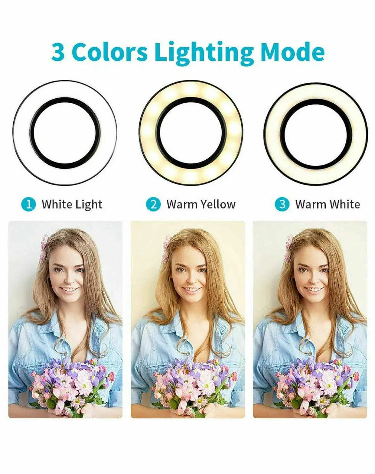 LED Selfie Ring Light with 3 Color Modes and Adjustable Brightness Levels for Live Streaming and Makeup.