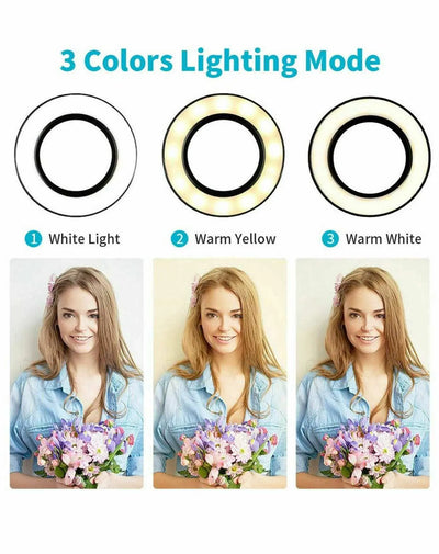 LED Selfie Ring Light with 3 Color Modes and Adjustable Brightness Levels for Live Streaming and Makeup.