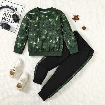 Letter Print Round Neck Matching Top and Pants Set