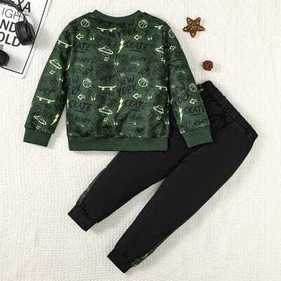 Letter Print Round Neck Matching Top and Pants Set