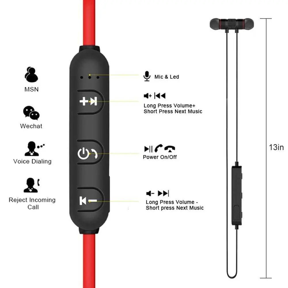Magnetic in-ear Bluetooth stereo earphones with ergonomic design and control buttons.