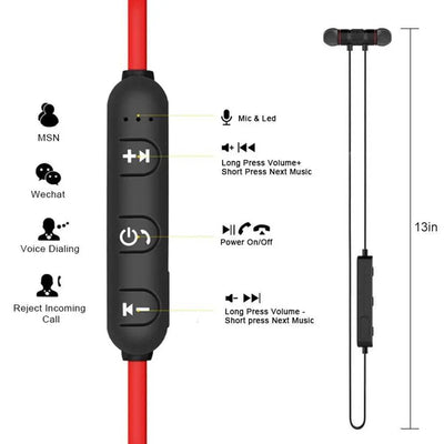 Magnetic in-ear Bluetooth stereo earphones with ergonomic design and control buttons.