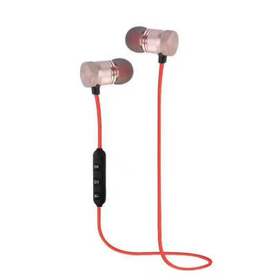Magnetic in-ear Bluetooth stereo earphones with red cord and control buttons.