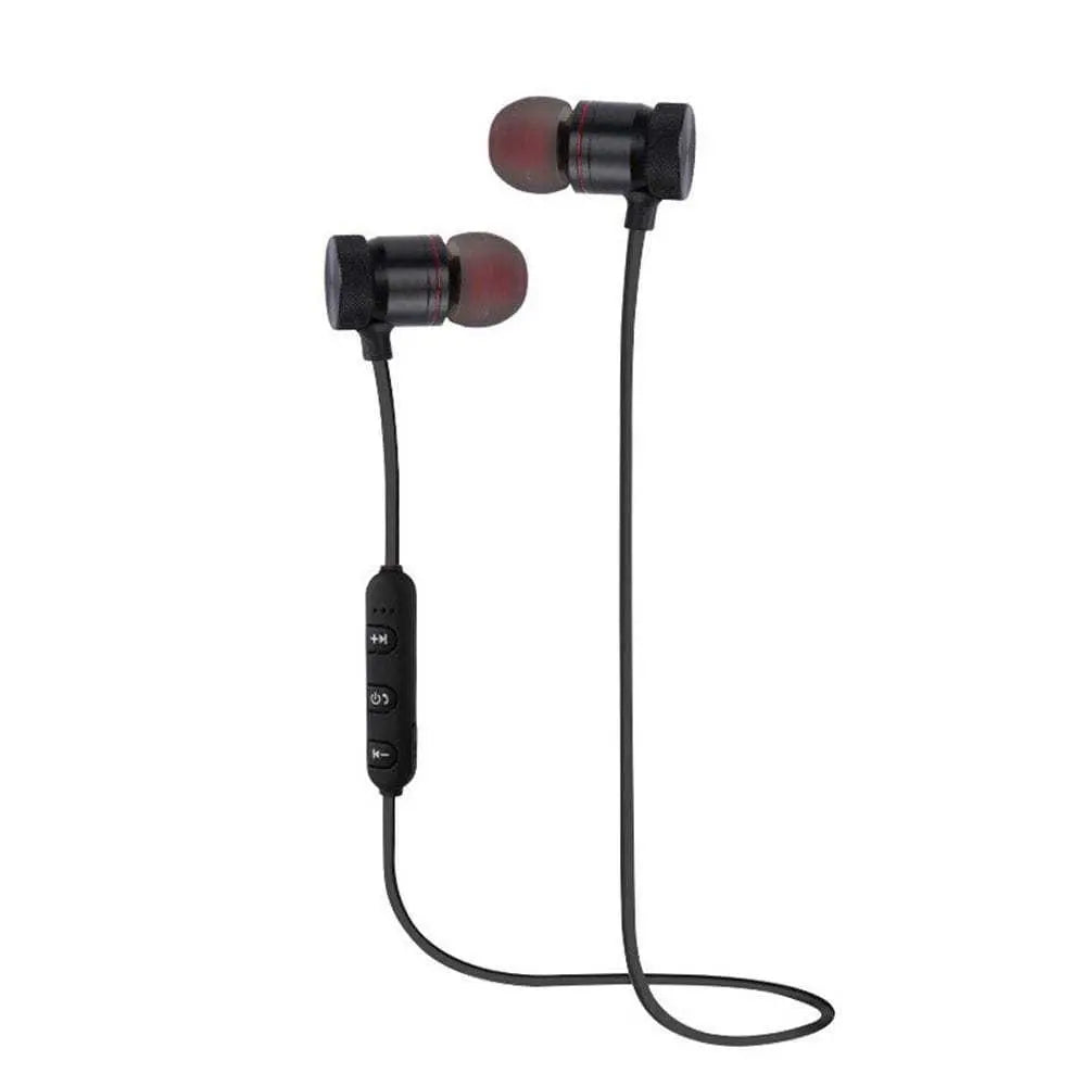 Magnetic in-ear Bluetooth stereo earphones with ergonomic design and microphone.