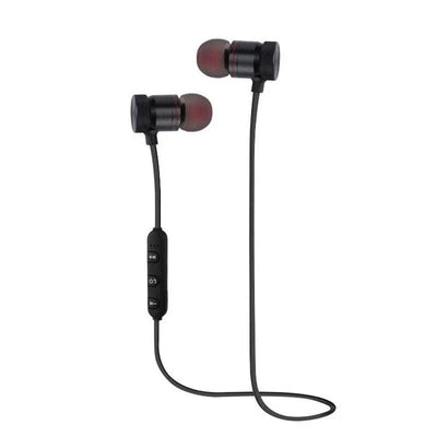 Magnetic in-ear Bluetooth stereo earphones with ergonomic design and microphone.